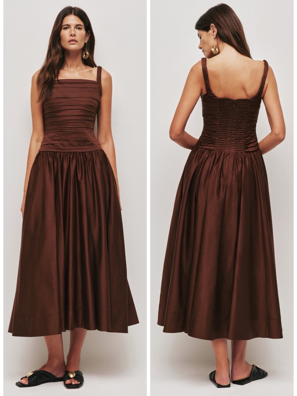 NWT Aje Star Pleated Cotton Midi Dress Brown